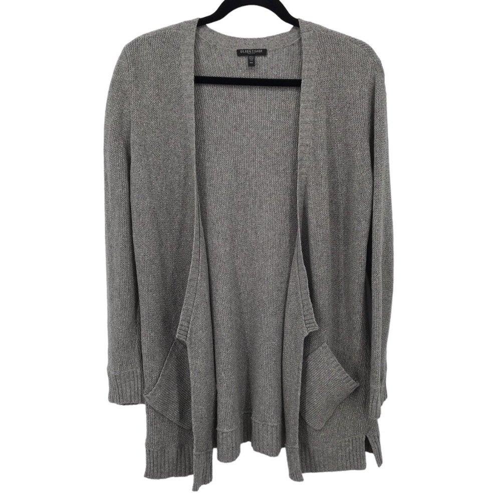 Eileen Fisher Womens Gray Wool Silk Blend Open Front Sweater Cardigan Size PM